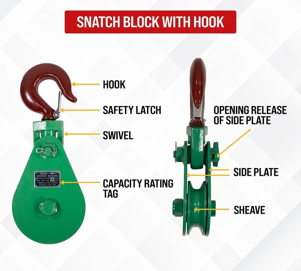 Mytee Products Snatch Block with Hook WLL 8 Ton 8" Sheave 3/4 Inch Wire Rope Wrecker Roll Back Recovery