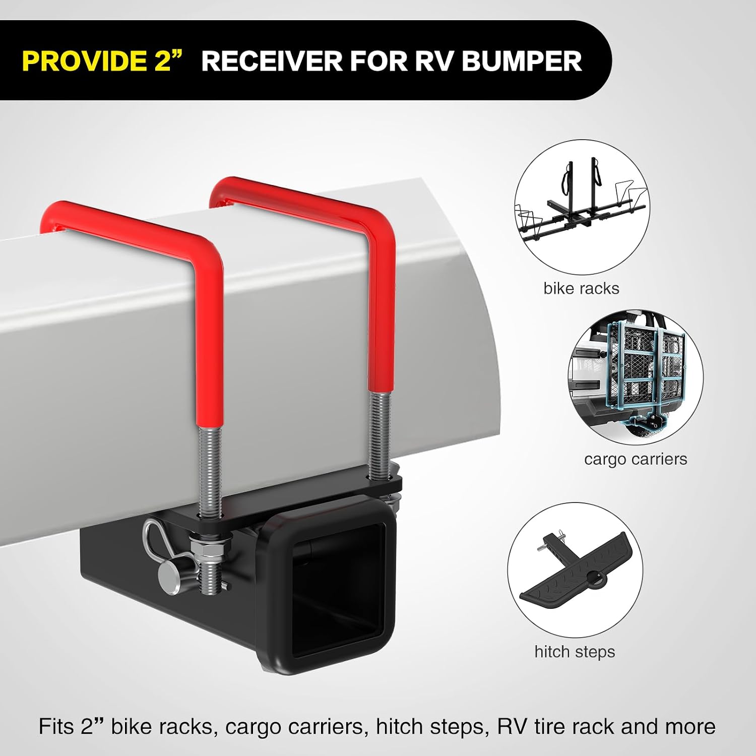 Nilight 2 Inch RV Bumper Hitch Receiver with Hitch Pin Fits 4-4.5" Beam, 200Lbs Tongue Weight Capacity Adapter, Travel Trailer Rear Bumper, Fit for Camper Bike Racks Cargo Carrier Car