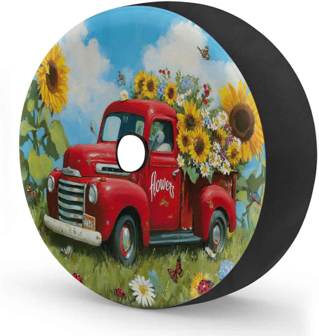 Spare Tire Cover with Backup Camera Hole Fit for Jeep RV Camper Travel Trailer SUV Truck 17inch,Waterproof Weatherproof Universal Car Wheel Protectors,Farm Floral Red Truck