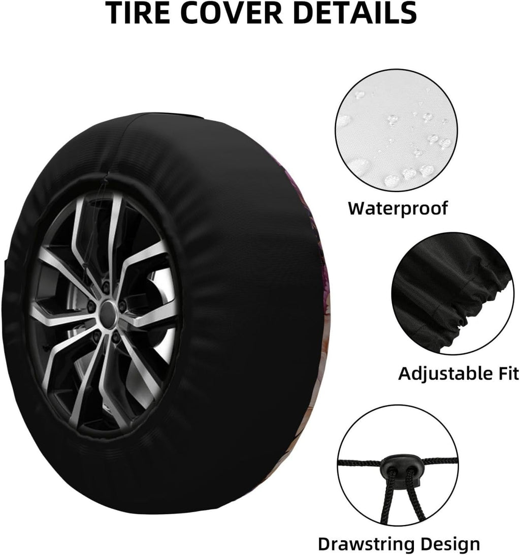 Pink Purple Floral Art Spare Tire Cover 17 inch, Universal Waterproof Dust-Proof Sun Protection Cover with Adjustable Nylon Rope Easy Installation for Jeep Trailer SUV Truck RV