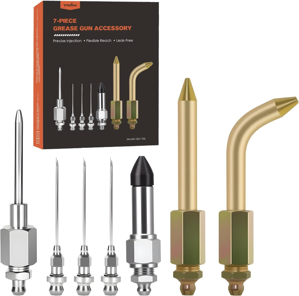 TRILINK Grease Gun Needle Tip Kit – 7PCS Grease Gun Accessory Set with 3 Grease Injector Needle, Grease Needle Dispenser, Rubber Joint Fitting, Bent & Straight Adapter for Bearings & Tight Spaces