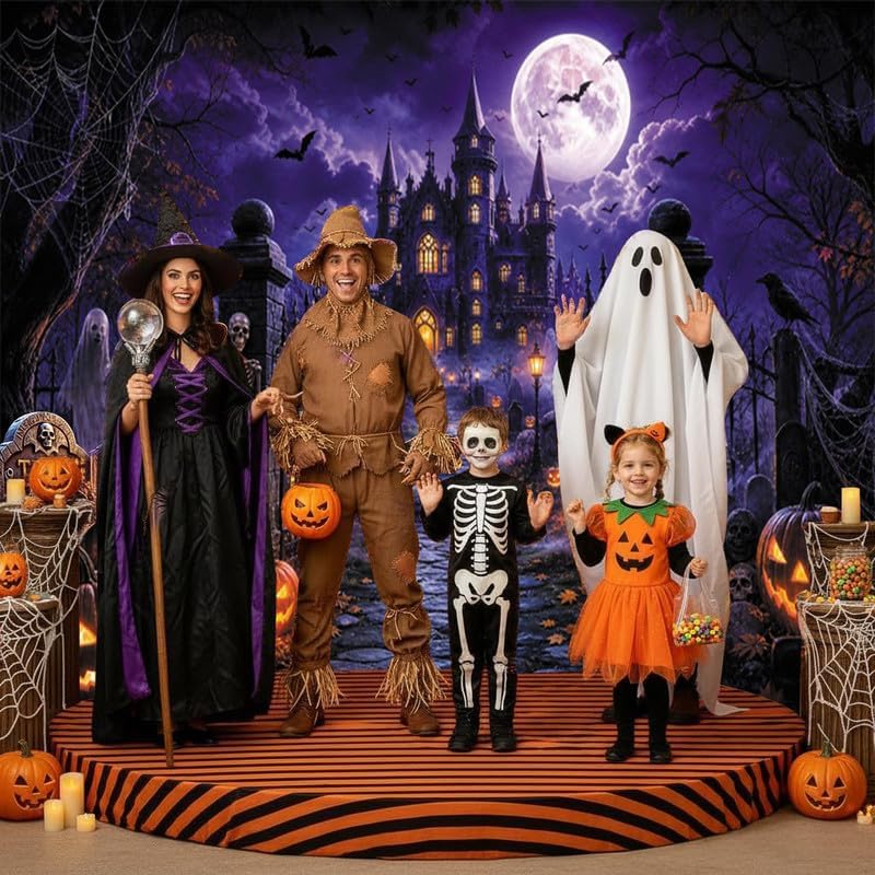 Halloween Backdrop 10x8ft Spooky Castle Moon Night Backdrop for Photography