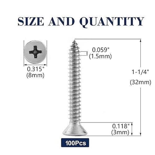 #8 x 1-1/4" Wood Screw 100Pcs 18-8 Stainless Steel Screws Flat Head Phillips - Image 2