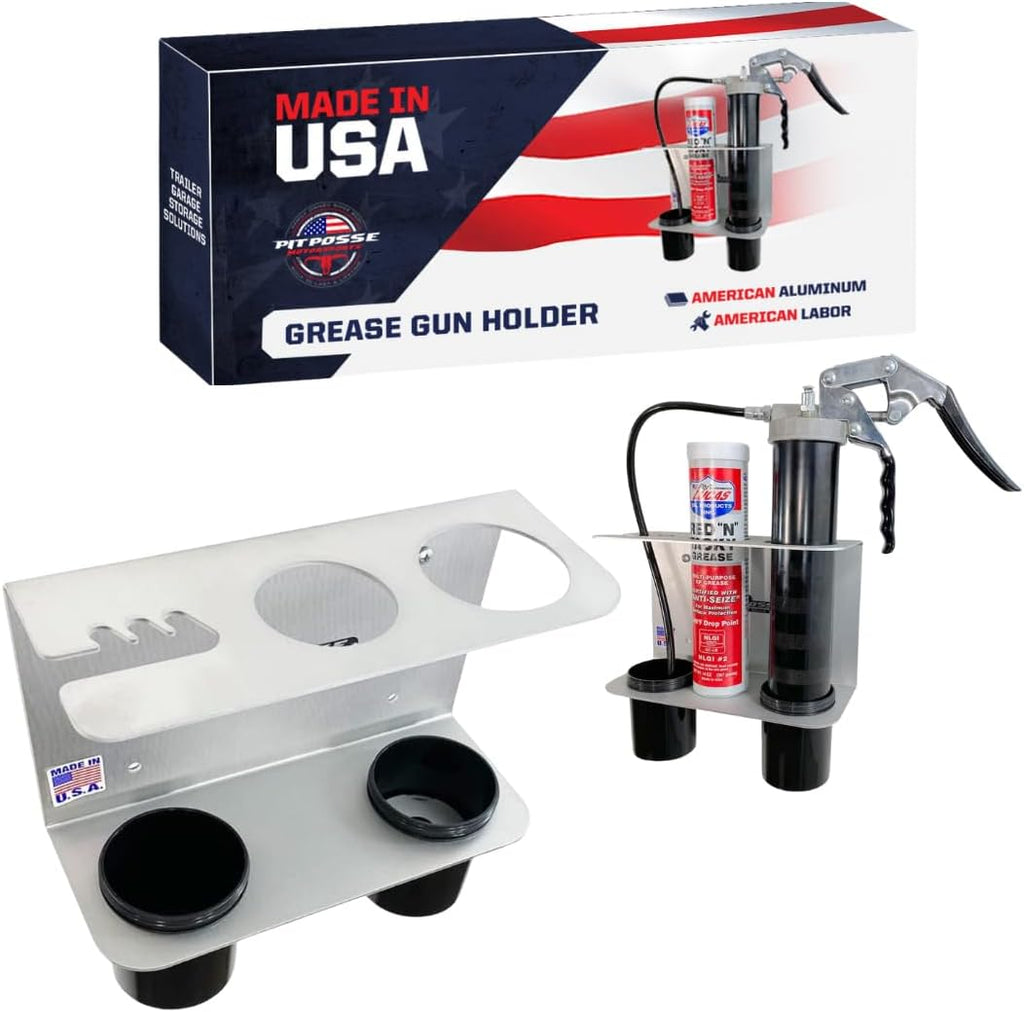 Pit Posse 572 Hand Grease Gun Holder Rack - Made in USA - Garage Organizer Aluminum Storage Caddy Wall Mount Accessory for Enclosed Trailer, Shop, or Garage (Silver)