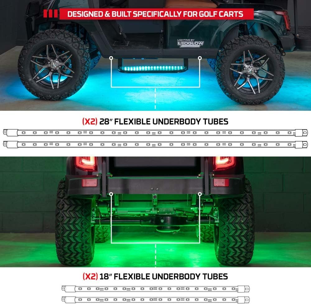 LEDGlow 4pc Million Color LED 4-Seater Golf Cart Underglow Accent Neon Lighting Kit Fits EZGO, Yamaha, Club Car, ICON, Evolution, Tomblerin, Star EV - for 12-Volt Battery - Water Resistant Flex Tubes