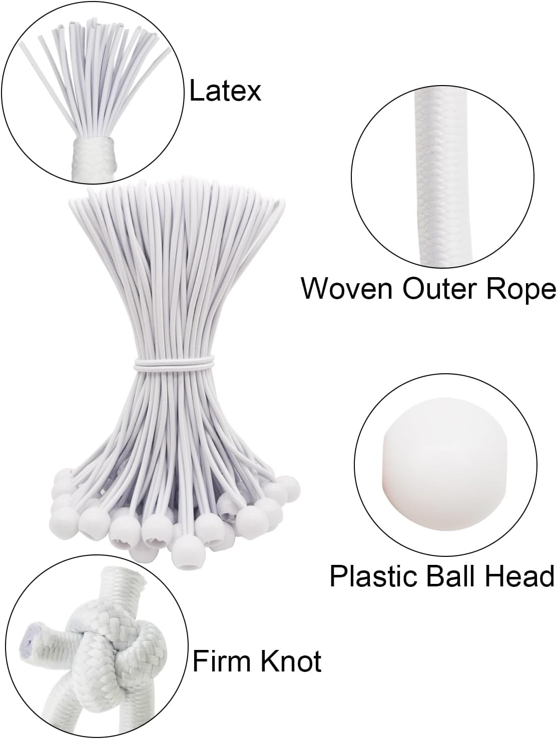 Ball Bungee Cords 10 Inch, 50 Pcs Small Bungee Cords with Balls, Mini Bungee Balls Heavy Duty Outdoor for Tarp, Canopy, Camping, Tent (White)