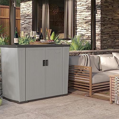 suncast xl outdoor storage cabinet, 130 gal, lockable, front angle view