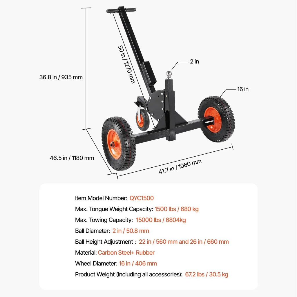 Trailer Dolly with 1500 Lbs Tongue Weight, 2 Inch Ball, 16 Inch Pneumatic Tires and Universal Wheel, Portable Tow Mover for RV & Car Trailers