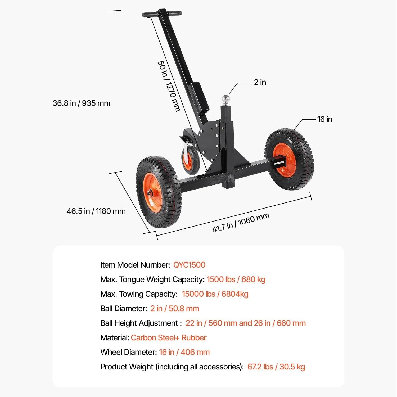 Trailer Dolly with 1500 Lbs Tongue Weight, 2 Inch Ball, 16 Inch Pneumatic Tires and Universal Wheel, Portable Tow Mover for RV & Car Trailers