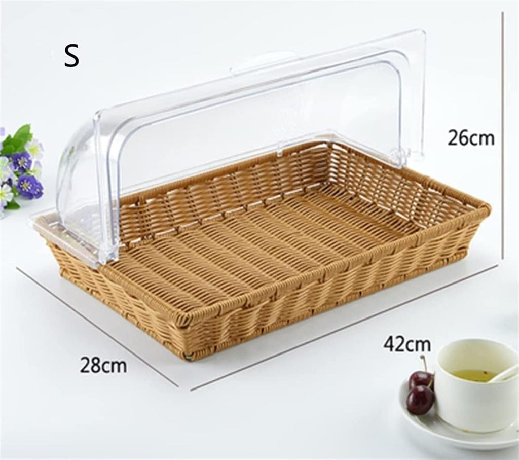 Fruit Basket Bread Basket Imitation Wicker Basket With Lid Rectangular Food Display Basket Woven Bread Tray With Clear Flip Lid(B)