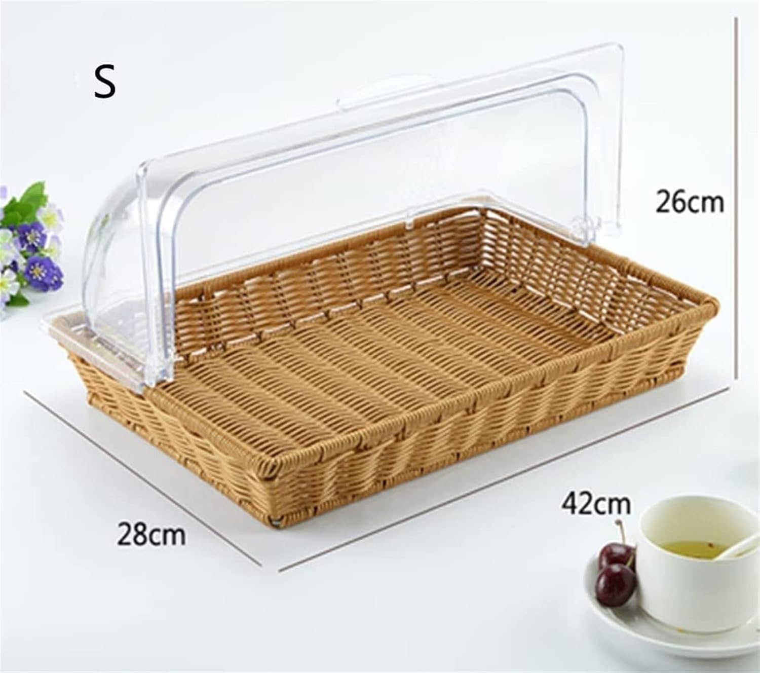 Fruit Basket Bread Basket Imitation Wicker Basket With Lid Rectangular Food Display Basket Woven Bread Tray With Clear Flip Lid(B)