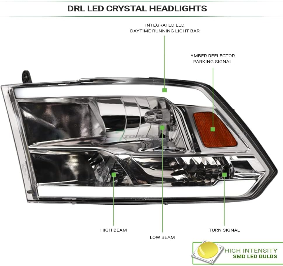DRL LED Strip Tube Bar Chrome Housing Crystal Headlights Signal Lamps Amber Reflector nb Compatible With 09-18 Dodge Ram 1500/19-24 Classic / 10-18 2500 3500