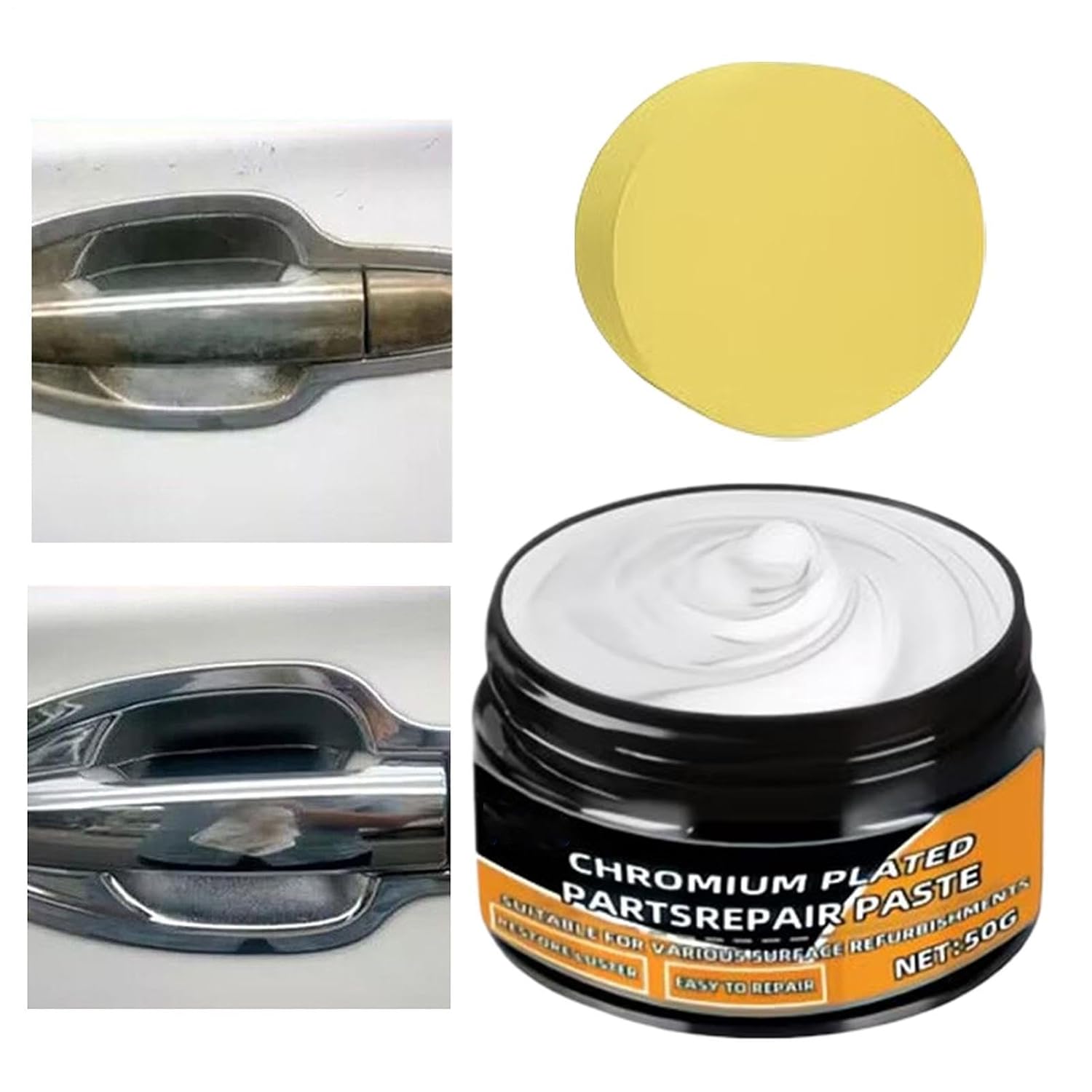 Chrome Cleaner Cream, Scratch Removal, Rust Remover Compound, 50g with Sponge Applicator, Metal Restorer, Auto Shine Repair Kit, 50g for Cars Trucks SUV RV Boats Tires Home