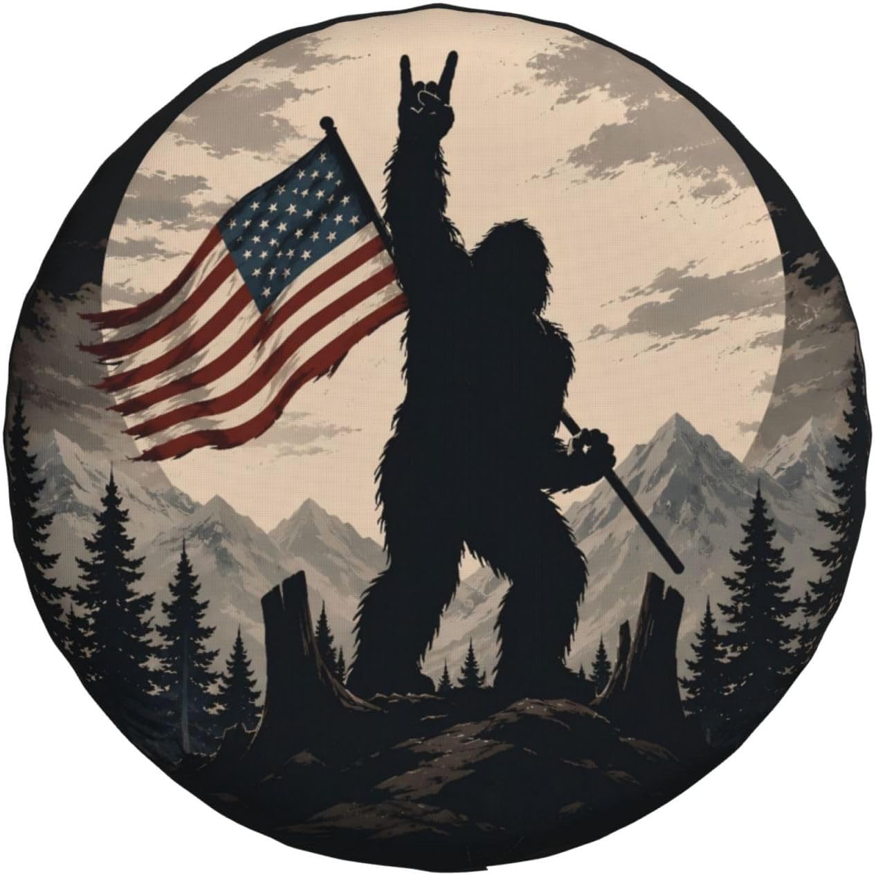 Patriotic Bigfoot Spare Tire Cover for RV Camper SUV Truck, Waterproof Polyester Tire Wheel Cover, Universal Fit Outdoor Spare Wheel Protector with 15in