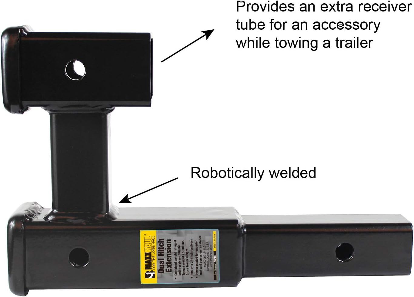 MAXXHAUL Dual Hitch Extension for 2 Inch Receiver, Tow Trailer and Carry Hitch Accessories, 5000 lb Capacity, 2" x 2" Class III/IV Compatible (50248)