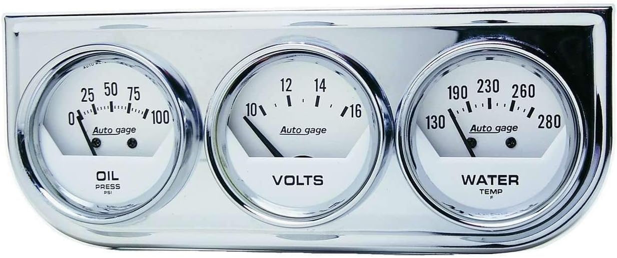AUTO METER 2325 Autogage White Console Oil/Volt/Water Gauge with Chrome Steel , 2.3125 in.