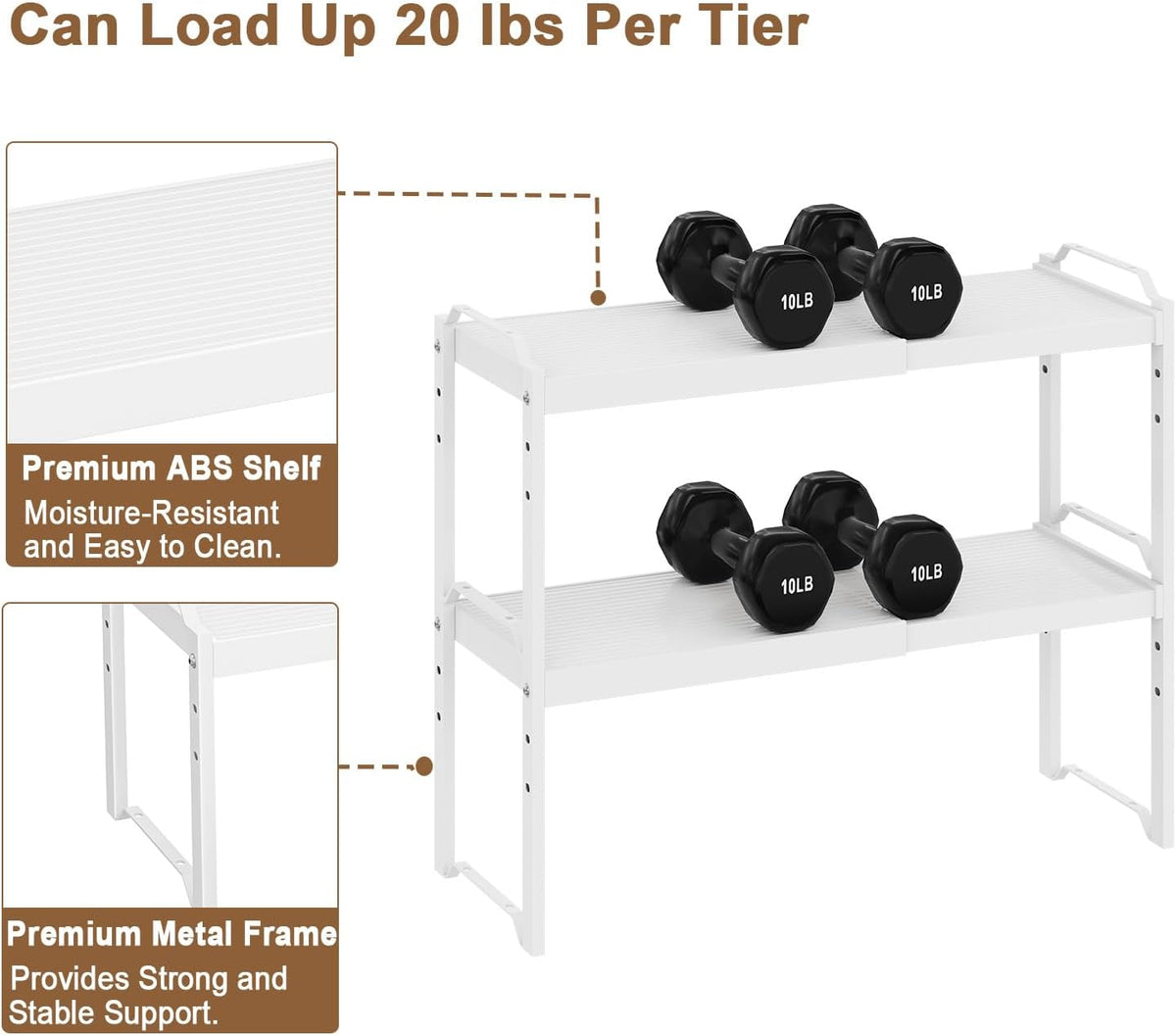 cottage charm expandable stackable closet shelf organizer, adjustable, side view
