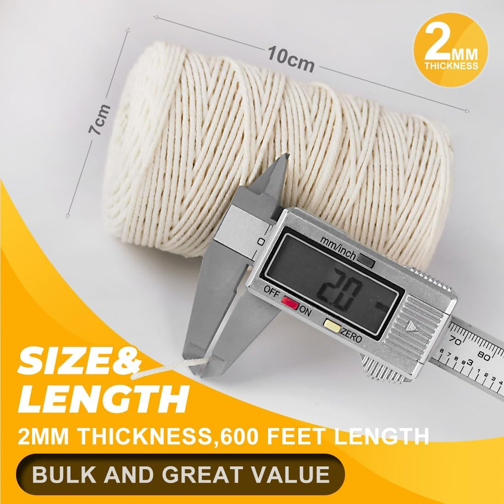 1,200ft (600ft x 2Rolls) Butchers Twine 2mm Cotton String for Cooking Kitchen Meat Turkey Sausage Roasting Baking Gift Wrapping DIY Crafts Crocheting Knitting
