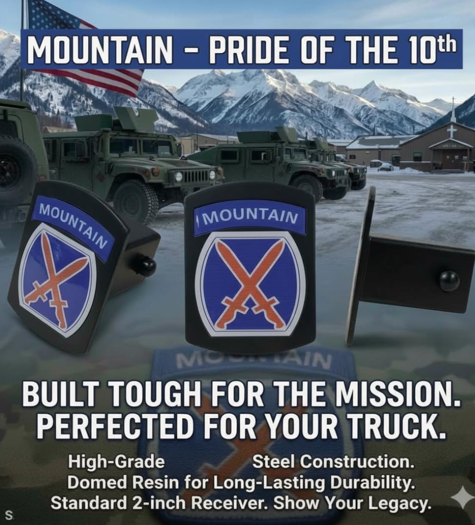 Freedom Forged 10th Mountain Division Climb to Glory Trailer Hitch Cover, Black Steel, Quick-Release, Fits 2-Inch Receivers