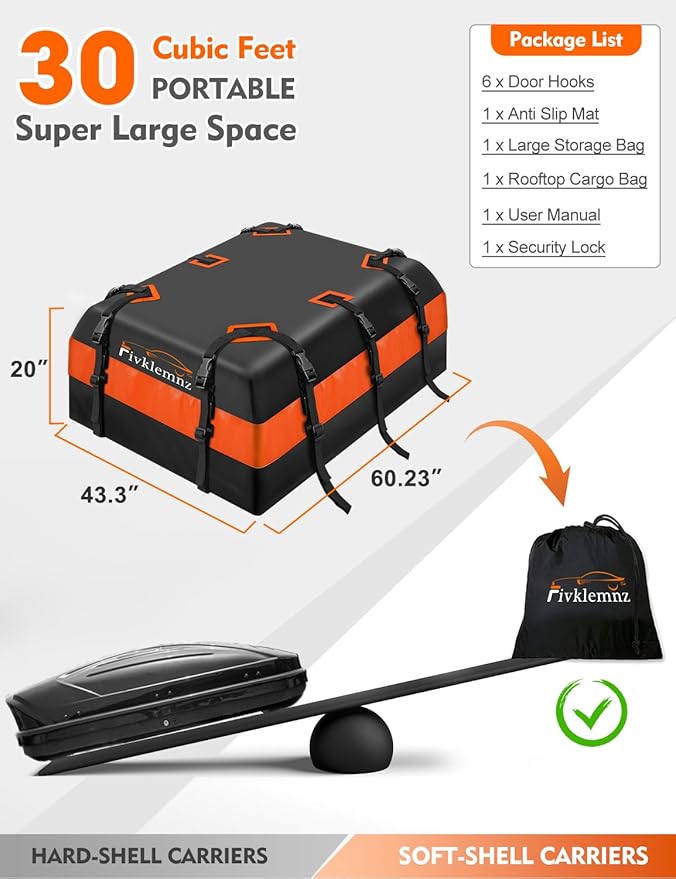 FIVKLEMNZ 30 Cubic Car Rooftop Cargo Carrier Roof Bag Waterproof - Image 5