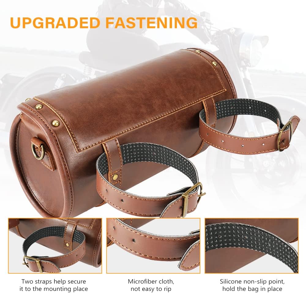 NICECNC Vintage Crazy Horse Lines Motorcycle Handlebar Bag - Universal Saddle Bag with Reinforced Straps, Brown