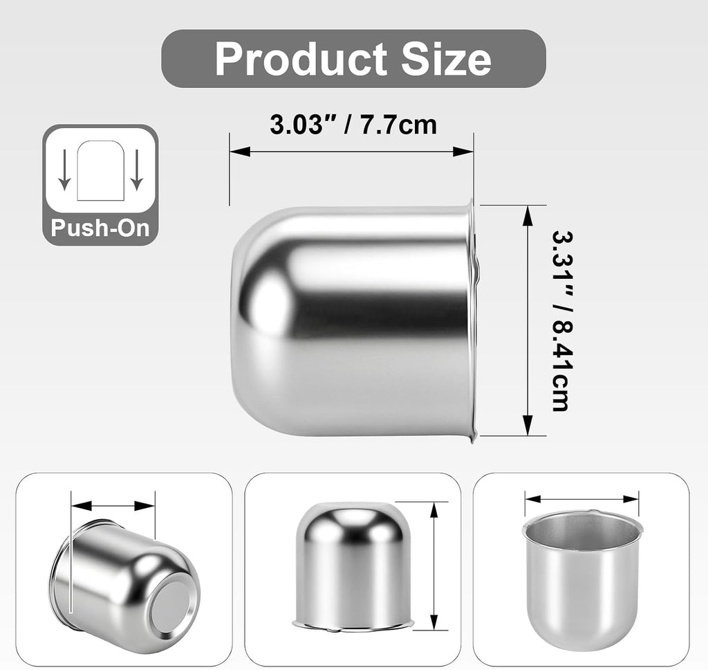 3.31" Push Through Center Caps for Trailer Truck RV Wheel Rims 3.31" Center Bore Chrome Carbon Steel, 3.31" Center Hole, 3.03" Height, 4Pack, Silver