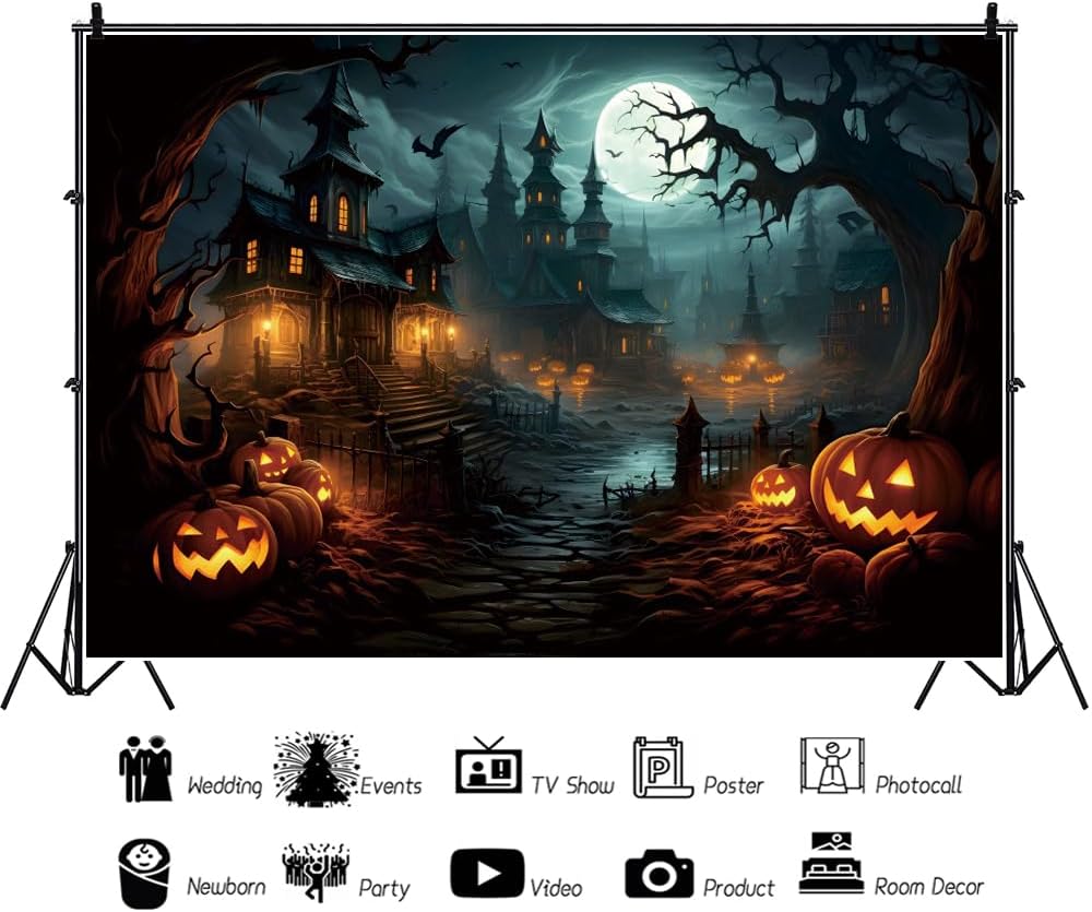 Leowefowa 12x8ft Halloween Photography Backdrop Horror Moon Night Pumpkin Lan...