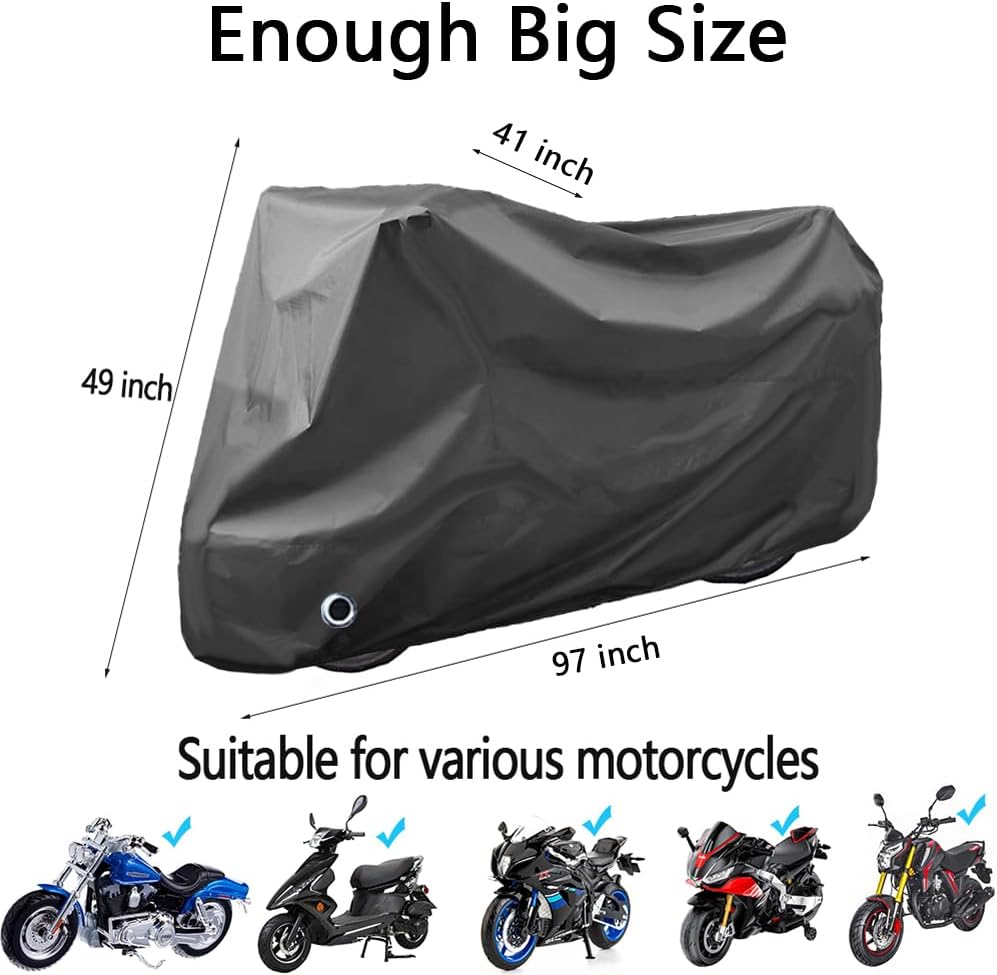 Motorcycle Cover Waterproof, Outdoor Motorbike Cover with Lock-Holes, All Season Protection Motorbike Vehicle Covers Fits up to 97" Motorcycles, Size 2XL - Black