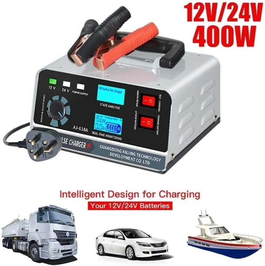 Smart 12V 24V 40A 400W Battery Charger for Cars, Trucks, Ships & Motorcycles, Pulse Repair, Trickle Charge(EU Plug)