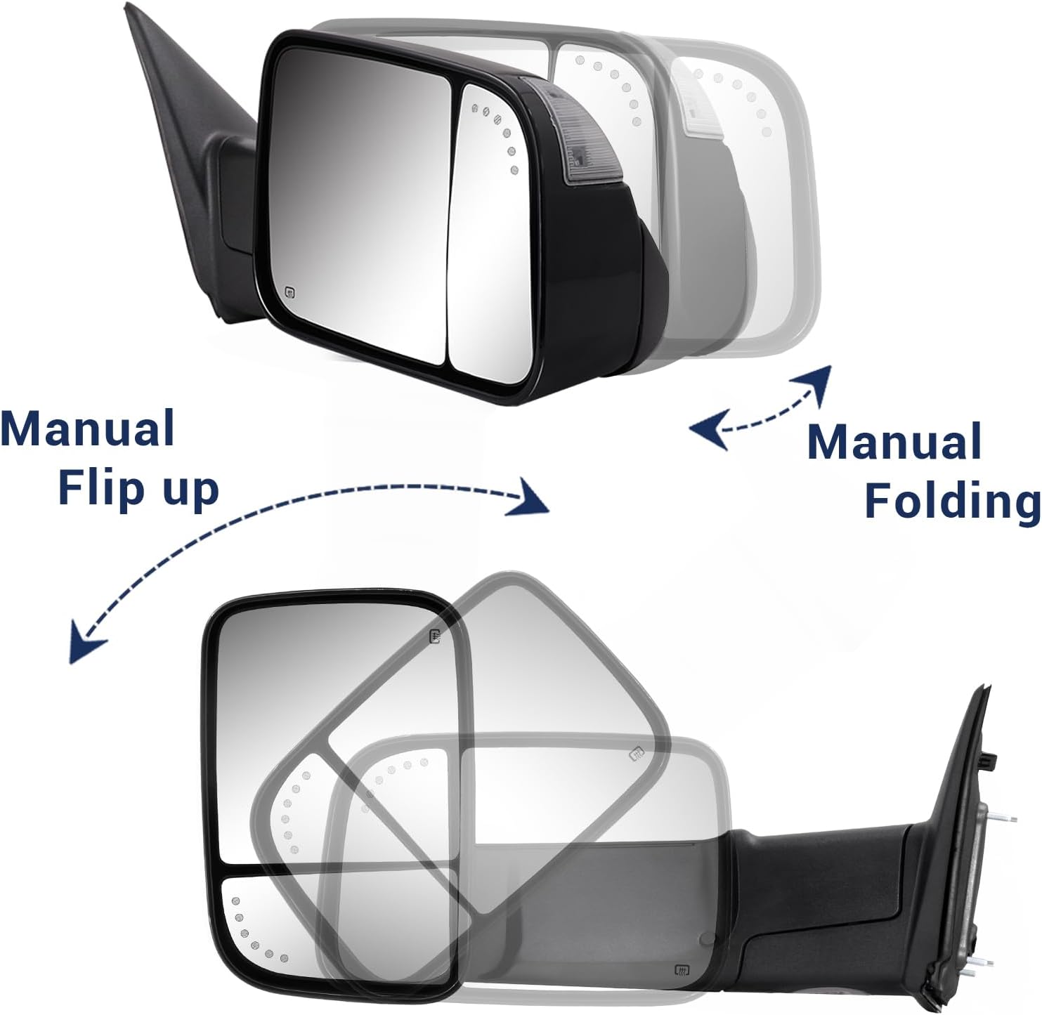 Towing Mirror for Dodge Ram - Replacement fit for 2009-2018 Dodge Ram 1500 2500 3500 Pickup Truck with Power Adjusted Glass Heated LED Turn Signal Light Puddle Lamp Temp Sensor Flip Up Pair Set
