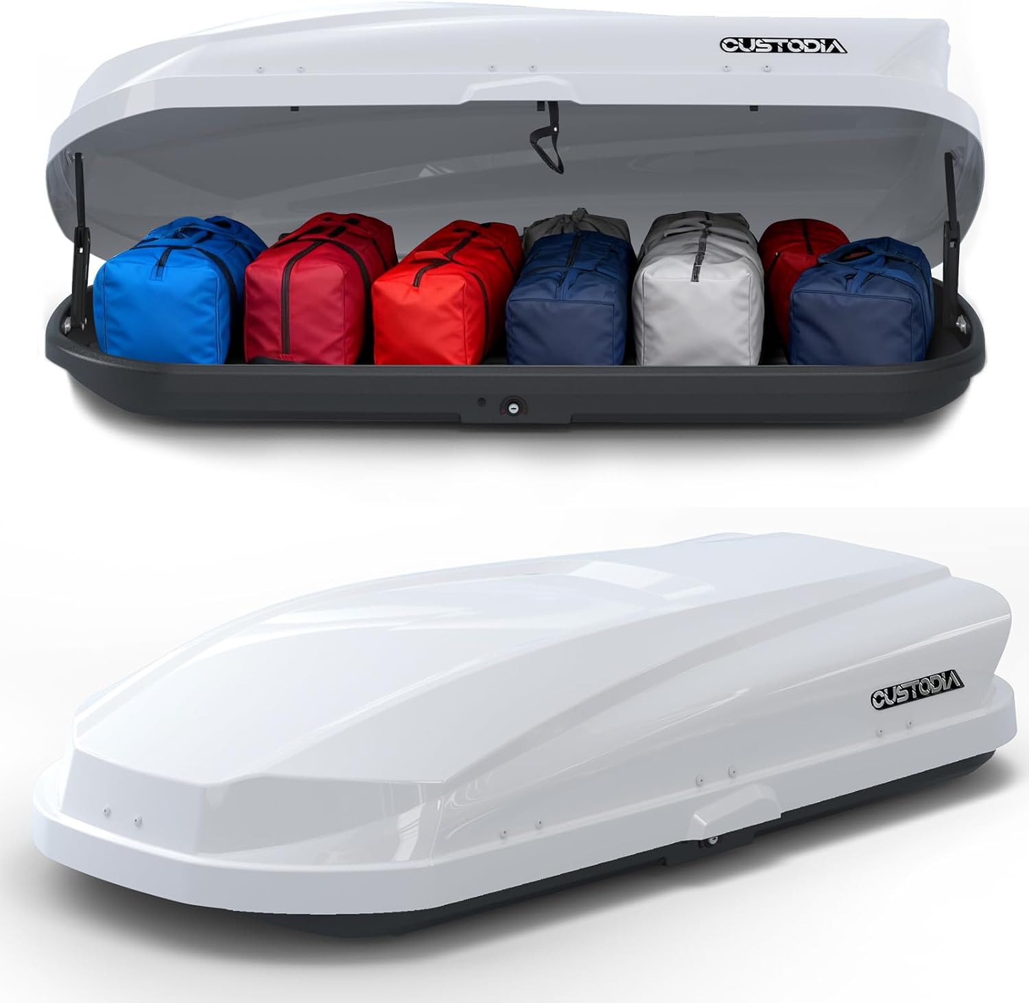 14 Cu Ft Cargo Box, Hard Shell Roof Carrier, Double-Side Opening, White | Fits most crossbars Dual-side opening Secure locking system ABS material For outdoor and travel gear