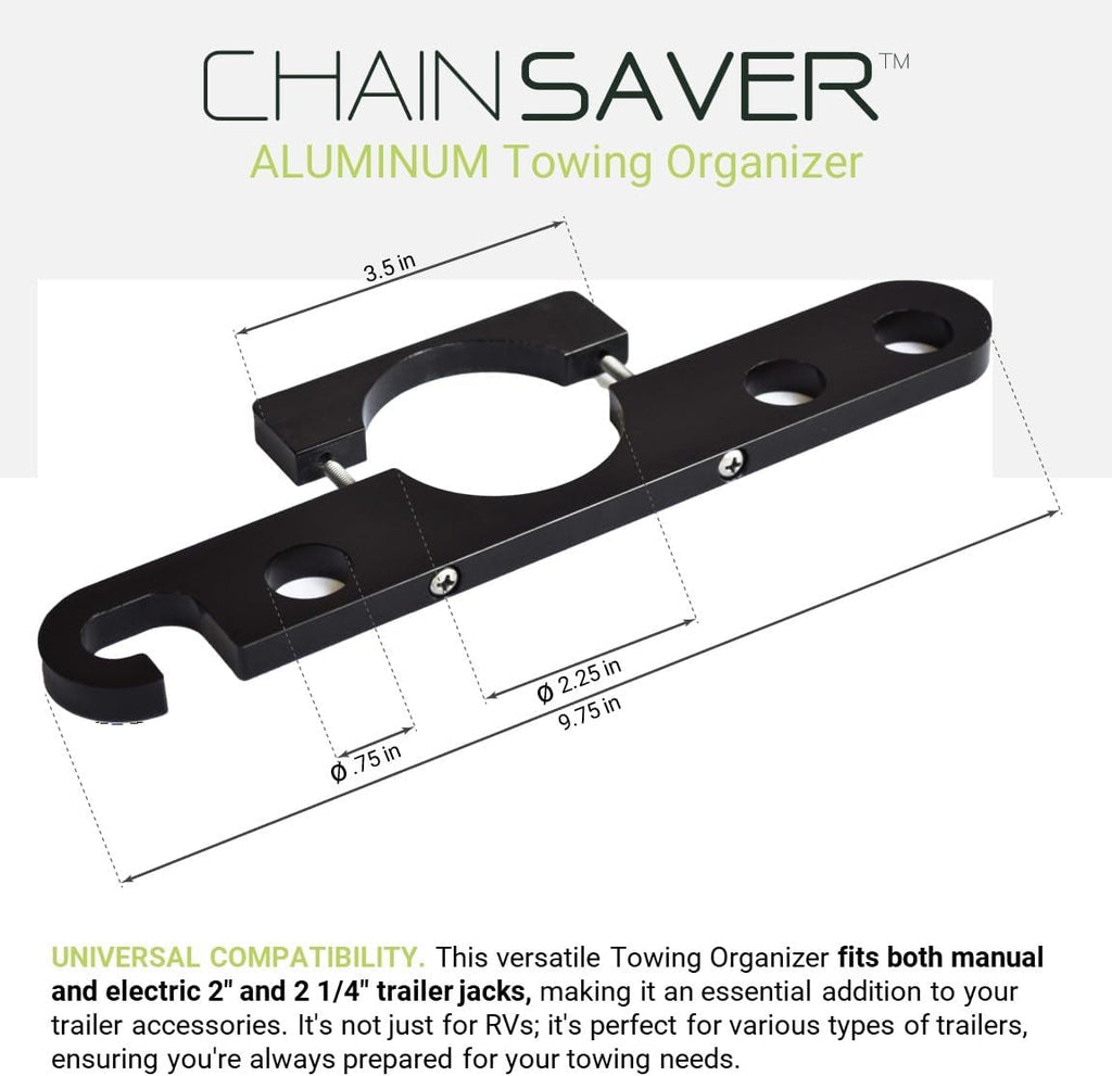GR Innovations Chain Saver with PlugSaver and Tether | Black Anodized Aluminum Tongue Jack Trailer Towing Organizer Kit | Essential RV Accessory | Easy Chain & Harness Storage | Made in USA