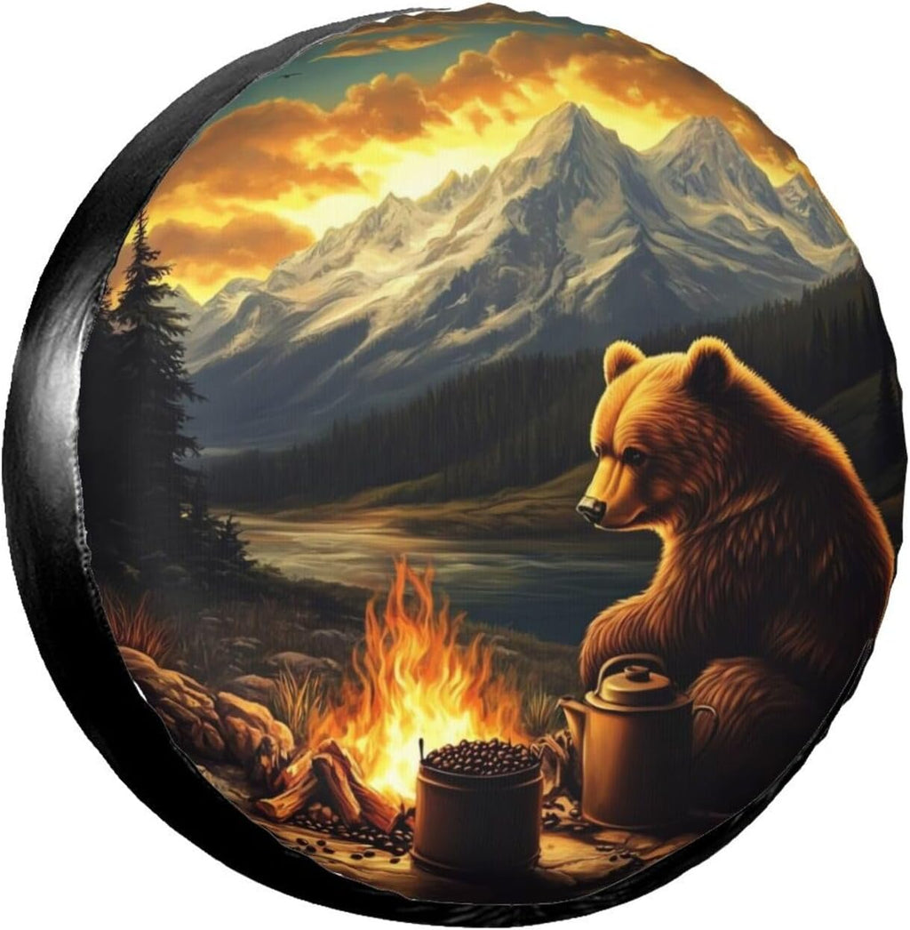 Bear with Mountains Spare Tire Cover for Trailer Rv SUV Truck Camper,Funny Cute Tire Cover Waterproof Wheel Protectors for Camping Outdoor Travel,Universal Fit,15 inch