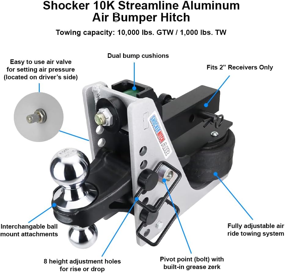 Shocker Streamline Aluminum Air Hitch & Chrome Combo 2" & 2-5/16" Balls with Sway Bar Mount Tabs Fits 2" Hitch - 10,000 lbs