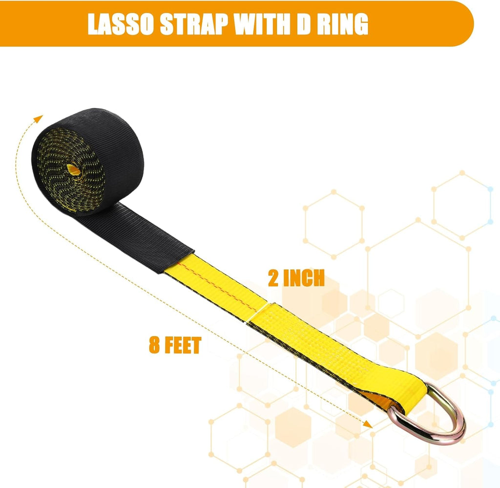 4 Pack 2" x 8ft Lasso Tow Truck Straps with D Ring 11, 000 Lbs Break Strength D Ring Auto Tie Down Wheel Lift Trailer Strap for Hauling Utv SUV Wrecker Rollback (Yellow)