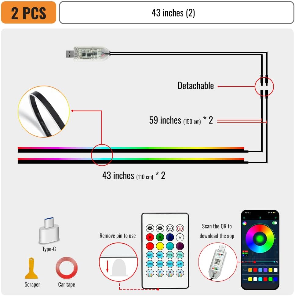 Ambient Lighting Car led Lights Interior, 43.3'' USB Powered Acrylic Neon Flexible Strip Model y Ambient Lighting kit with Remote APP,Dynamic RGB 2 in 1 Music Lights Sync for Inside car Decorations