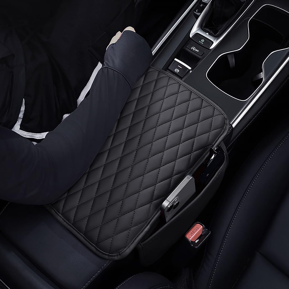 ESKONKE [Upgraded] Car Center Console Cover with 2 Storage Bags - Premium Nappa Leather Armrest Cover, Scratch & Wear Resistant, Waterproof Car Interior Accessories (Black)