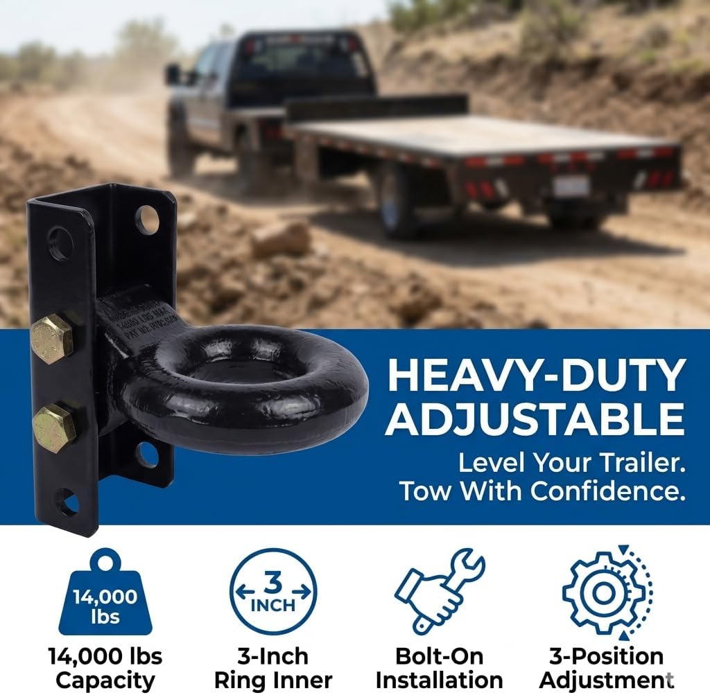 3 Inch Adjustable Lunette Ring for 14000 lbs Pintle Hitch Trailer Towing | Forged steel tri-level channel mount coupler eye; replaces flatbed utility parts; fits agricultural construction hauling