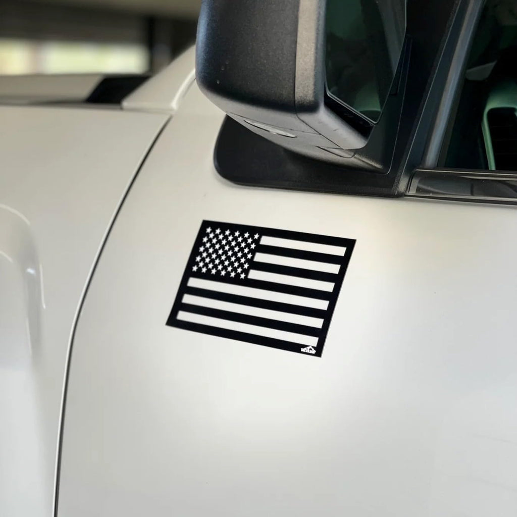 TACTILIAN Black American Flag Magnetic Decals - Made in USA Flag Magnets with White Star for Trucks Bike - Tactical Car Decal Magnets Bumber Stickers, Patriotic Fridge Magnets
