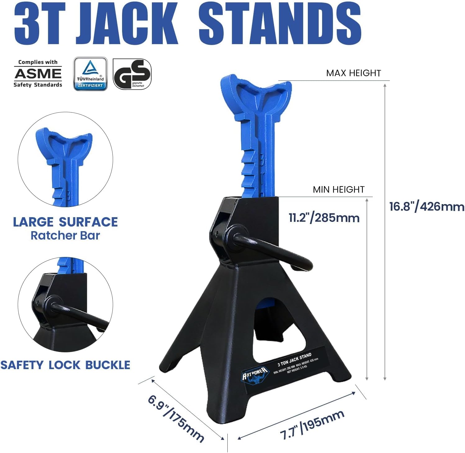 ANTPOWER Jack Stands 3 Ton (6,600 LBs) Heavy Duty Car Jacks Stand,11.2"-16.8" Adjustable Height for Lifting Automotive Small SUV, Pickup 1 Pair