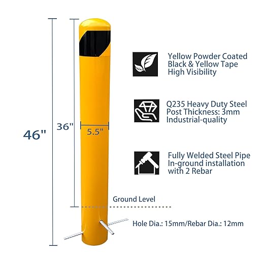 46 inch High Pour in Place Steel Bollard Post, 5-1/2" OD Safety Bollard Yellow - Image 3