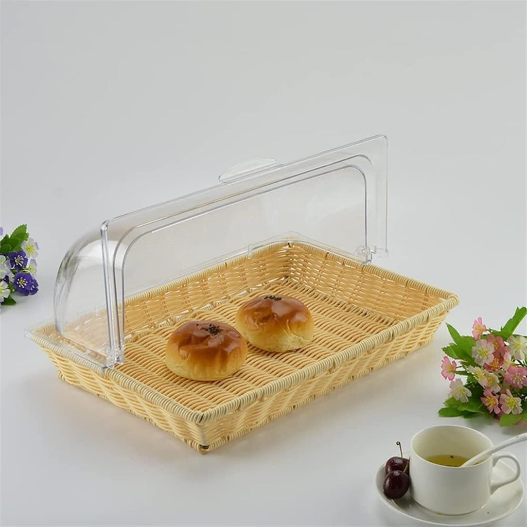 Fruit Basket Bread Basket Imitation Wicker Basket With Lid Rectangular Food Display Basket Woven Bread Tray With Clear Flip Lid(B)