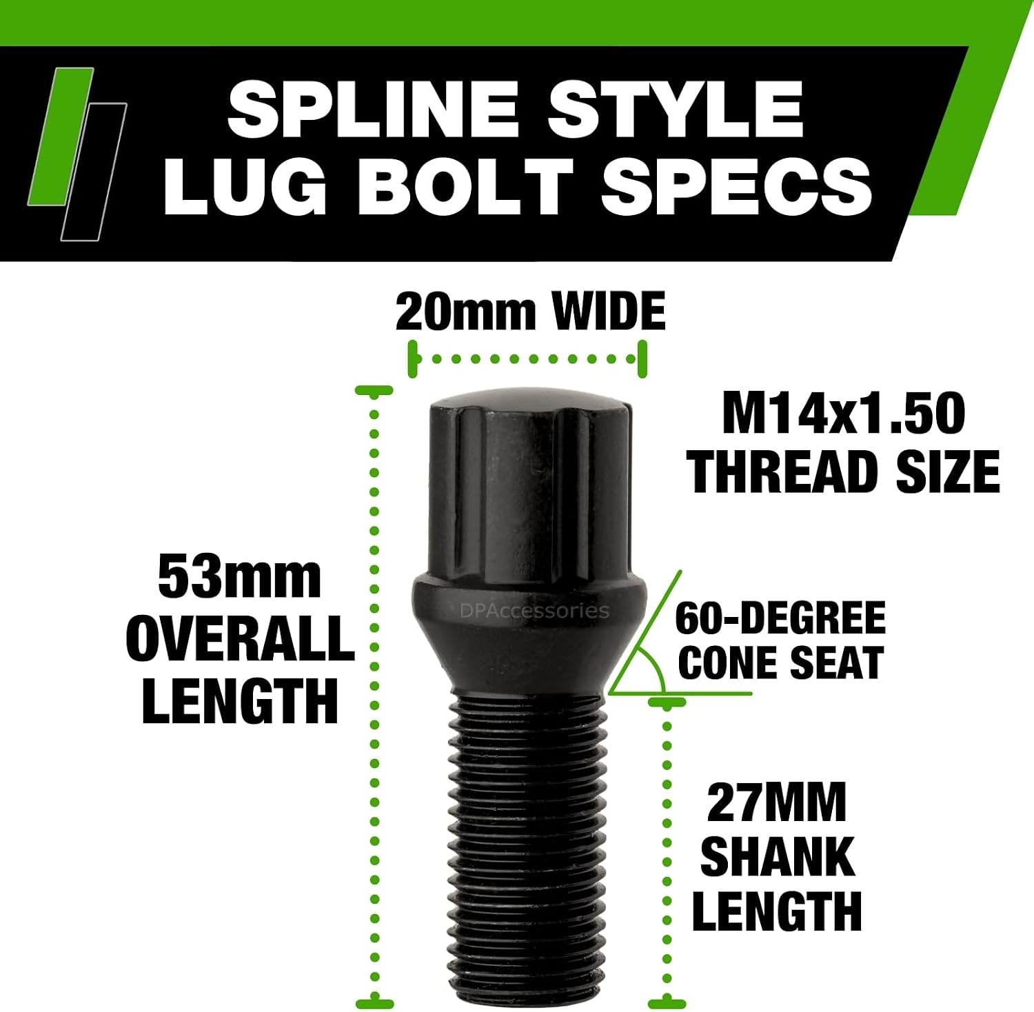 DPAccessories Black M14x1.50 Lug Bolts for Aftermarket Wheels | Spline Bolt | 27mm Shank | Set of 20 | BS27K5HE-BK04020