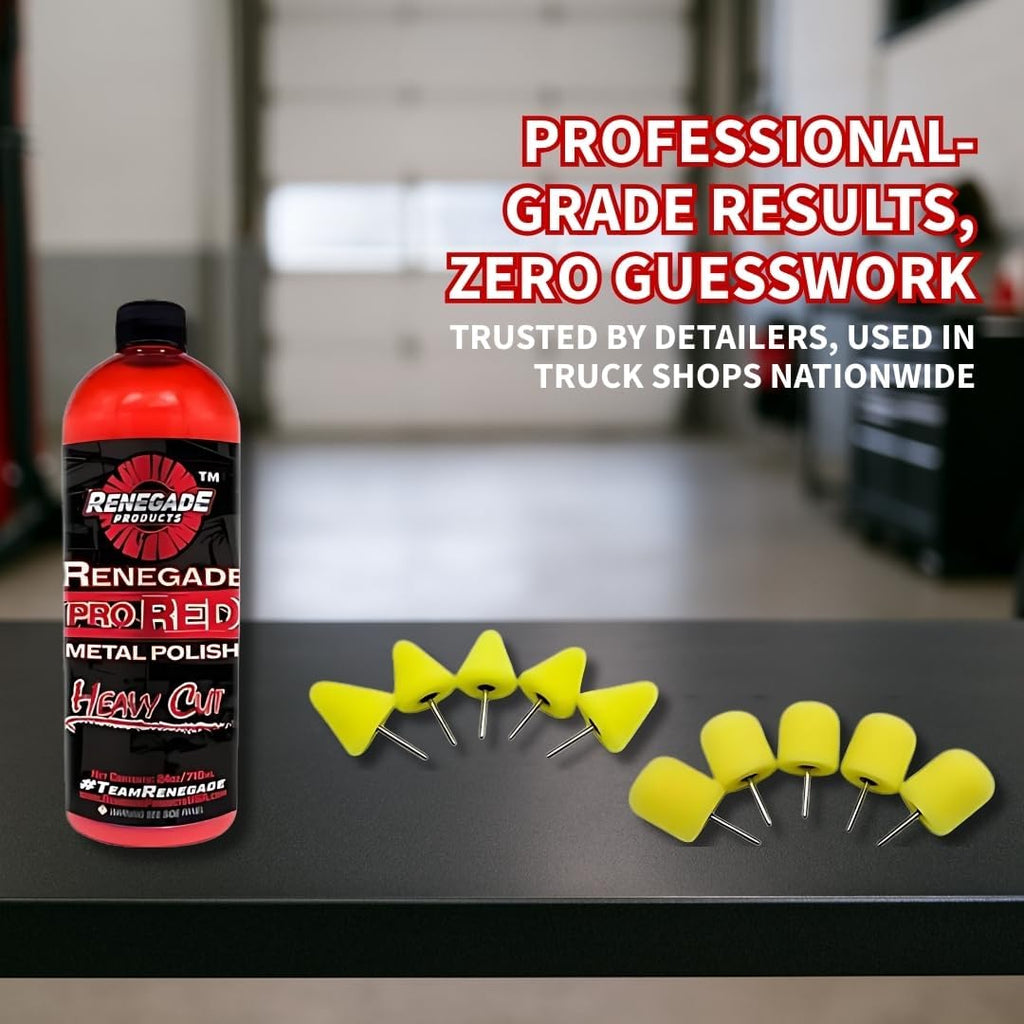 Renegade Products Wheel Window Polishing Bundle – Pro Red Liquid Metal Polish with 1/8" Foam Polishing Cones & Barrels – Drill Attachment Kit for Aluminum & Stainless Steel for Wheels & Tight Spaces