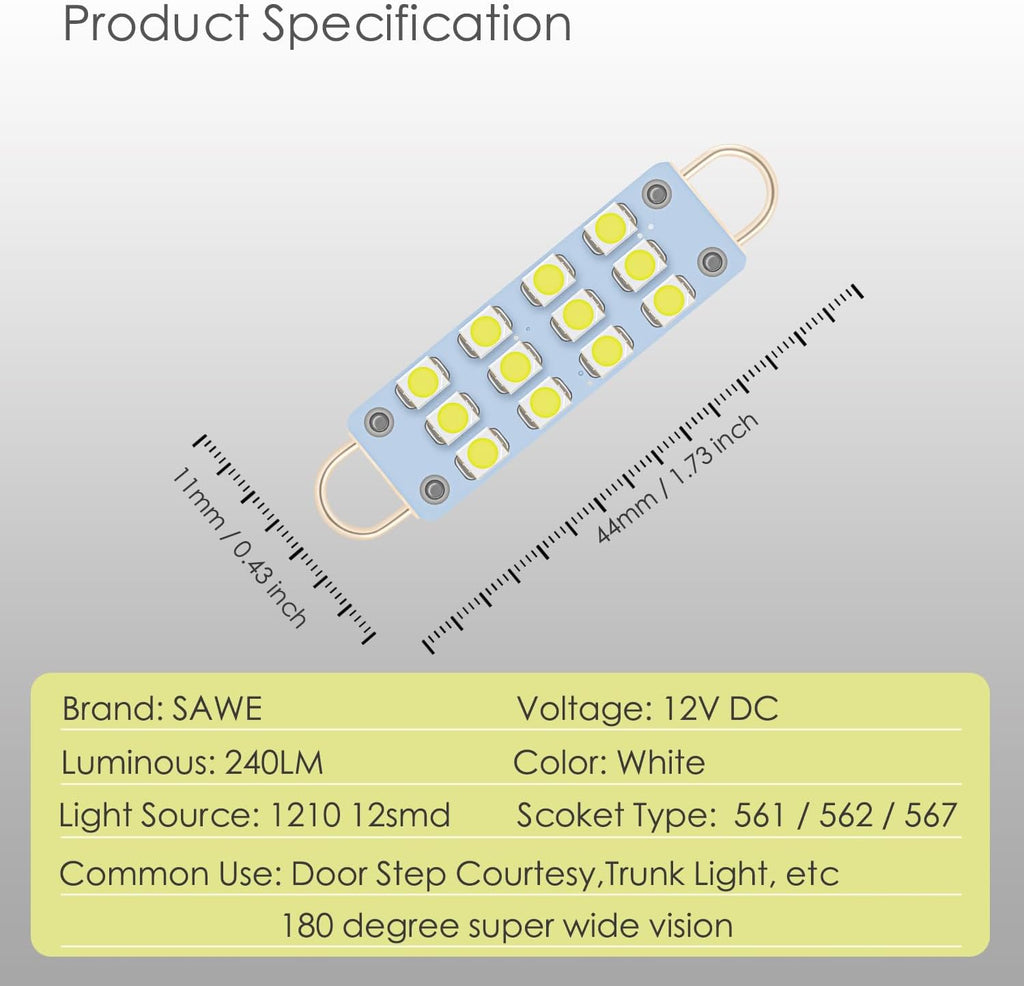 561 Led Bulb White 44mm Rigid Loop for Map Trunk Light 562 567 8pcs | Canbus Error Free 12v Replacement for Interior Car Dome Courtesy Step Cargo Footwell Festoon Lamp 563 564 6000K Super Bright