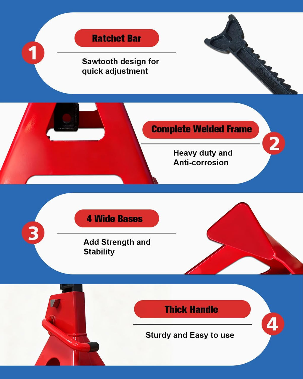 6 Ton Jack Stands (13,200Lbs) - Heavy Duty Car Jack Stand with Double Pin Locking, Adjustable 15.6"-23.4" Height, Extra Rubber Pads for Trucks, Garage, Home,DIY Use - 1 Pair Red