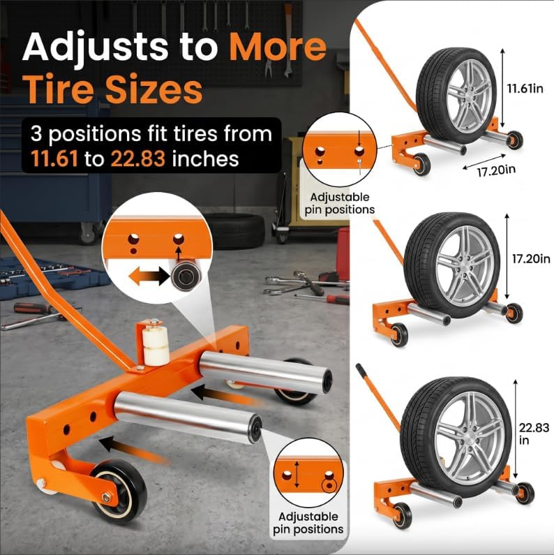 Adjustable Wheel Dolly for Car Truck Trailer, 800lbs Tire Dolly with 360° Casters, Tire Lifting Tool with Retractable Handle, Heavy-Duty Flat Dolly for Garage and Workshop Use