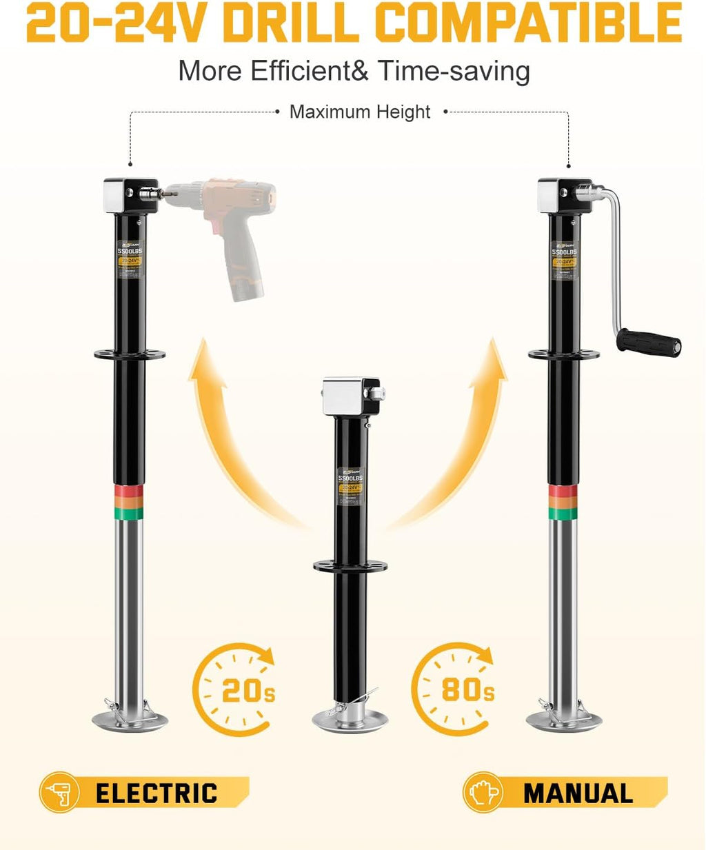 5500 lbs A-Frame Trailer Jack, Heavy Duty Trailer Tongue Jack for RV and Utility Trailer, 20-24V Cordless Drill Compatible, 7-Level Adjustable Drop Leg with 11.4 to 37.2-Inch Lift Range, Black