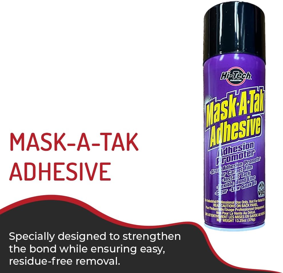 HI-TECH Mask-A-Tak Adhesive Promoter Spray – Instant Tack Bonding for Carpet Film, Clear Low-Soak Formula for Auto Interior Protection – 14 oz Aerosol