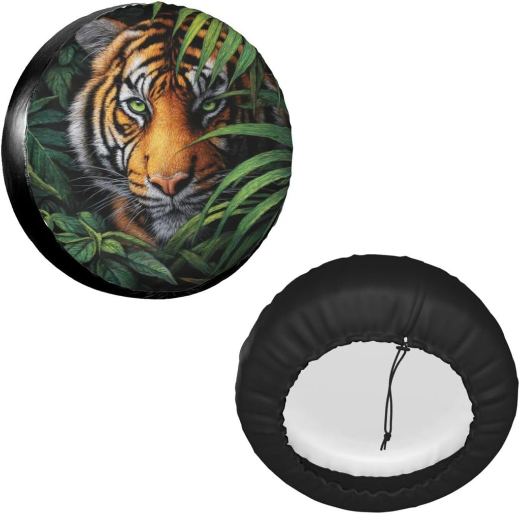 Jungle Tiger Oil Painting Spare Tire Cover, Funny Animal Waterproof Wheel Protector Covers Universal for Rv Suvs Trucks Camper Travel Trailers, 15 inch